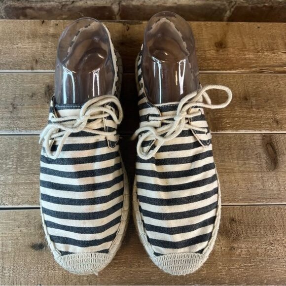 J Crew Nautical Striped Dark Blue / Black Espadrille Lace Up Flats Sz 9 - Picture 3 of 11